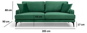Canapea 3 locuri Fortune catifea verde - negru 205x90x88cm