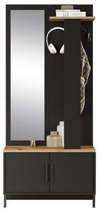 Cuier cu oglinda Bridger negru - culoarea nuc 80x35x180cm