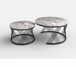 Set 2 masute cafea FLAMINGO, gri cu efect de marmura/negru, ceramica/m