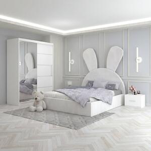 Set Mobila De Dormitor Micky Alb, pat tapitat 90x200cm, dulap 150cm, 2 noptiere si saltea 90x200cm