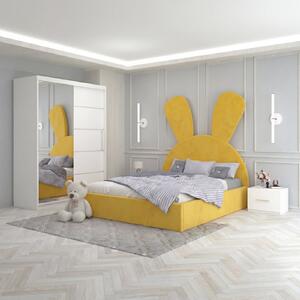 Set Mobila De Dormitor Micky Galben, pat tapitat 90x200cm, dulap 150cm, 2 noptiere si saltea 90x200cm