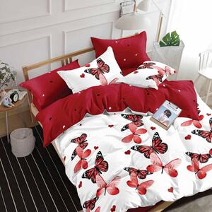 Lenjerie de pat dublu cu fluturi rosii din finet, set 6 piese, M351