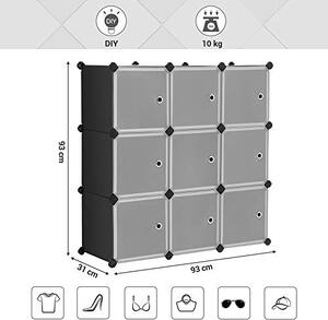 Set 9 cuburi modulare din plastic pentru depozitare, Songmics, Negru-Alb, 93x31x93 cm
