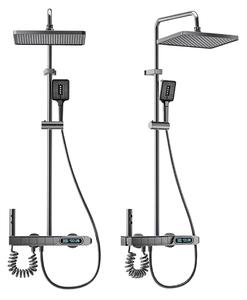 Coloană de duș termostat, afișaj digital, lumină LED ambientală, 4 funcții, butoane ca de pian, cap duș dreptunghiulară, 30×20 cm, efect de ploaie, înălțime reglabilă, montare pe perete, Negru, SS01