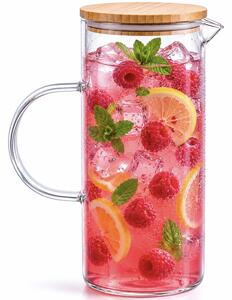 Carafa eleganta Pufo Simple din sticla borosilicata pentru apa, limonada sau suc, capac bambus, 1.5 L