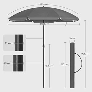 Umbrela pentru terasa, Songmics, Gri, 160x206 cm