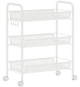 HOMCOM Cărucior de bucătărie cu 3 niveluri, coșuri detașabile și 4 roți, din oțel și plastic PP, 41,5 x 26,5 x 63 cm, alb | Aosom Romania