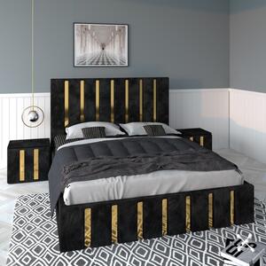 Pat Tapitat Mexic Negru + Saltea Lux Ortopedica + Noptiere Tapitate 160x200