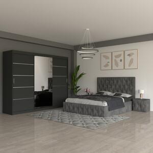 Dormitor Eric Gri ( Pat Eric Gri + Noptiere Tapitate + Dulap Gri 250cm ) 160x200