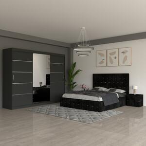 Dormitor Eric Negru ( Pat Eric Negru + Noptiere Tapitate + Dulap Gri 250cm ) 160x200