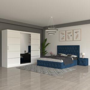 Dormitor Eric Albastru ( Pat Eric Albastru + Noptiere Tapitate + Dulap Alb 250cm ) 180x200