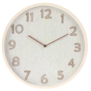 Ceas decorativ de perete, cu aspect de lemn natur și cifre reliefate, design modern