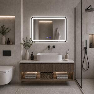 Oglindă de baie cu iluminare LED și funcție anti-aburire – ramă neagră, 60x80 cm