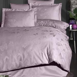 Lenjerie de lux pat dublu jacquard satin 6 piese, First Choice, Corina lila cu fluturi