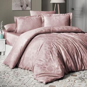 Lenjerie de lux pat dublu jacquard satin 6 piese, First Choice, Herra Roz pudra cu flori