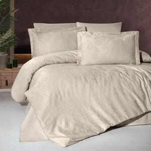 Lenjerie de lux pat dublu jacquard satin 6 piese, First Choice, Herra Cappuccino cu flori