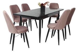 Set masă extensibilă Aris Negru Marmorat cu 6 scaune Minerva Roz