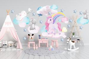 Autocolant de perete pentru fete unicorn și iepurași pe cer 60 x 120 cm