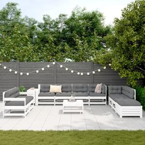 Set canapea de grădină, 11 piese, alb, lemn masiv pin