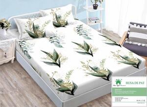 Husa de pat, finet, 140x200cm, 2 persoane, set 3 piese, cu elastic, alb , cu flori si frunze verzi, HPF14016