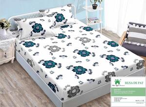 Husă de pat, finet, 140x200cm, 2 persoane, set 3 piese, cu elastic, alb , cu flori gri și verzi, HPF14024