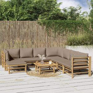 Set mobilier de grădină cu perne gri taupe, 9 piese, bambus