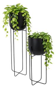 Set două ghivece decorative pentru plante și flori, din metal negru, cu picioare înalte și subțiri