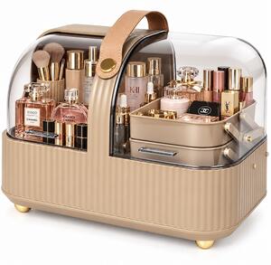 Organizator Make-up cu sertare extensibile, 2 compartimente si maner de transport pentru cosmetice si accesorii beauty, 33 x 20.5 cm