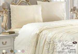 Set Lenjerie Bumbac Damasc Cu Broderie Lux Crem - 4 Piese