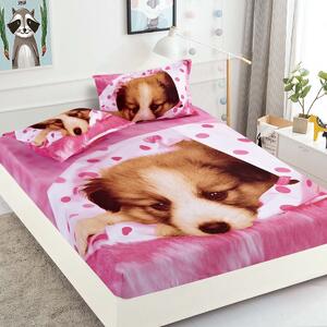 Husa de pat cu elastic + 2 Fete de Perna 160x200, Pink Dog