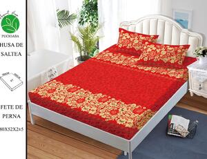 Husa de pat cu elastic 180x200 din Bumbac Finet + 2 Fete de Perna - Rosu Cu Trandafiri