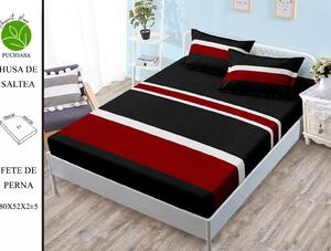 Husa de pat cu elastic 180x200 din Bumbac Finet + 2 Fete de Perna - Negru Rosu Alb