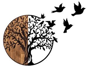 Decoratiune de perete lemn Tree And Birds - 322, Negru, 3x71x92 cm