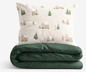 Goldea lenjerie de pat de crăciun 100% bumbac duo - sat înzăpezit cu verde închis 140 x 200 și 50 x 70 cm