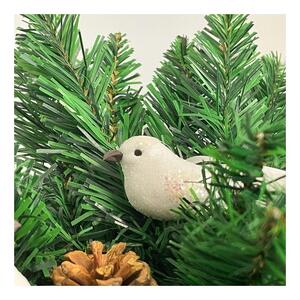 Ornament brad Craciun, set 2 pasari cu clips de prindere, glitter, alb