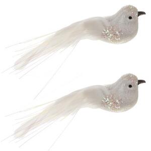 Ornament brad Craciun, set 2 pasari cu clips de prindere, glitter, alb