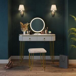 SEA471 - Set Masa toaleta cu Incarcare Wireless Qi, 100 cm, cosmetica machiaj, oglinda cu LED, scaunel taburet tapitat - Alb Lucios-Auriu