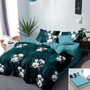 Lenjerie de pat, 2 persoane, finet, 6 piese, cu elastic, albastru, cu flori albe, LEL358