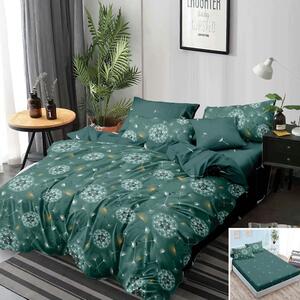 Lenjerie de pat, 2 persoane, finet, 6 piese, cu elastic, verde, cu papadii albe, LEL355