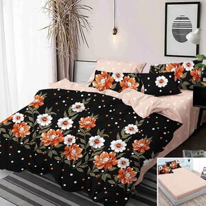 Lenjerie de pat, 2 persoane, finet, 6 piese, cu elastic, negru si bej, cu flori albe si maro, LEL356