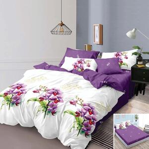 Lenjerie de pat, 2 persoane, finet, 6 piese, cu elastic, mov si alb, cu flori mov, LEL351