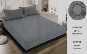 Cearceaf de pat cu elastic + doua fete perna, 180x200 cm, culoare Gri Inchis