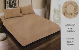 Cearceaf de pat cu elastic + doua fete perna, 180x200 cm, culoare Bej