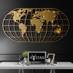 Decoratiune de perete Metal World Map Globe Led - Gold, Aur, 120x1x60 cm