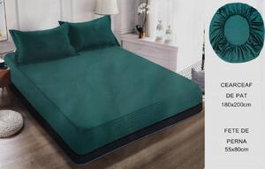 Cearceaf de pat cu elastic + doua fete perna, 180x200 cm, culoare Verde Inchis