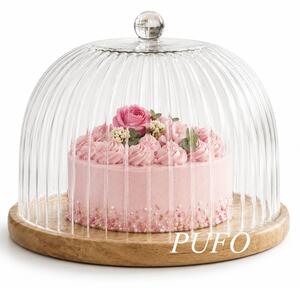Platou Pufo din lemn de acacia cu capac transparent din sticla pentru servire torturi, aperitive, prajituri, branzeturi, 21 cm