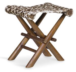 Taburet pliabil tapitat cu piele naturala si picioare din lemn, Leopard Maro / Nuc, l48xA40xH45 cm