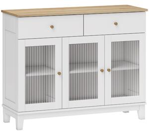 HOMCOM Bufet Bucătărie cu 2 Dulapuri și 2 Sertare, Uși din Sticlă Securizată Canelată, Bufet Sufragerie cu Rafturi Ajustabile, pentru Living sau Sufragerie, 100x35x80.3 cm, Alb și Stejar | Aosom Romania