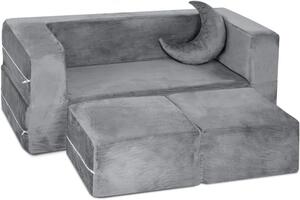 Canapea modulară pentru copii, spumă cu memorie, țesătură din velur, Bonus pernă în formă de semilună, 50x100x40 cm, Gri