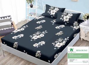 Husa de pat, finet, 160x200cm, 2 persoane, set 3 piese, cu elastic, albastru , cu flori albe, HPF16014